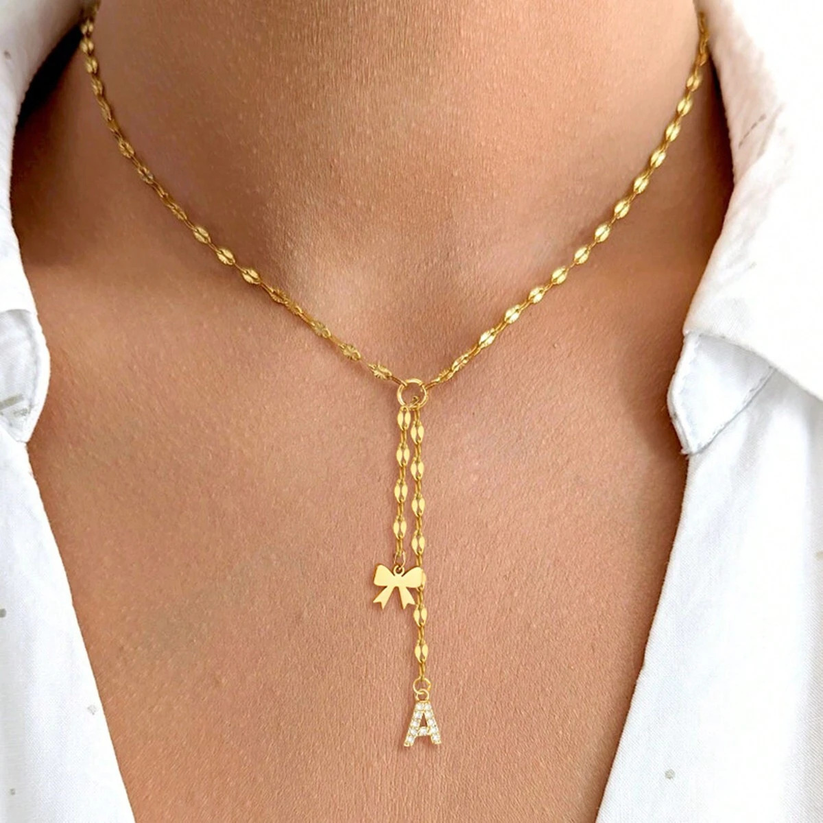 Europe and the United States cross-border best-selling rhinestone inlay 26 letter pendant Y chain fashion bow tassel lasso necklace