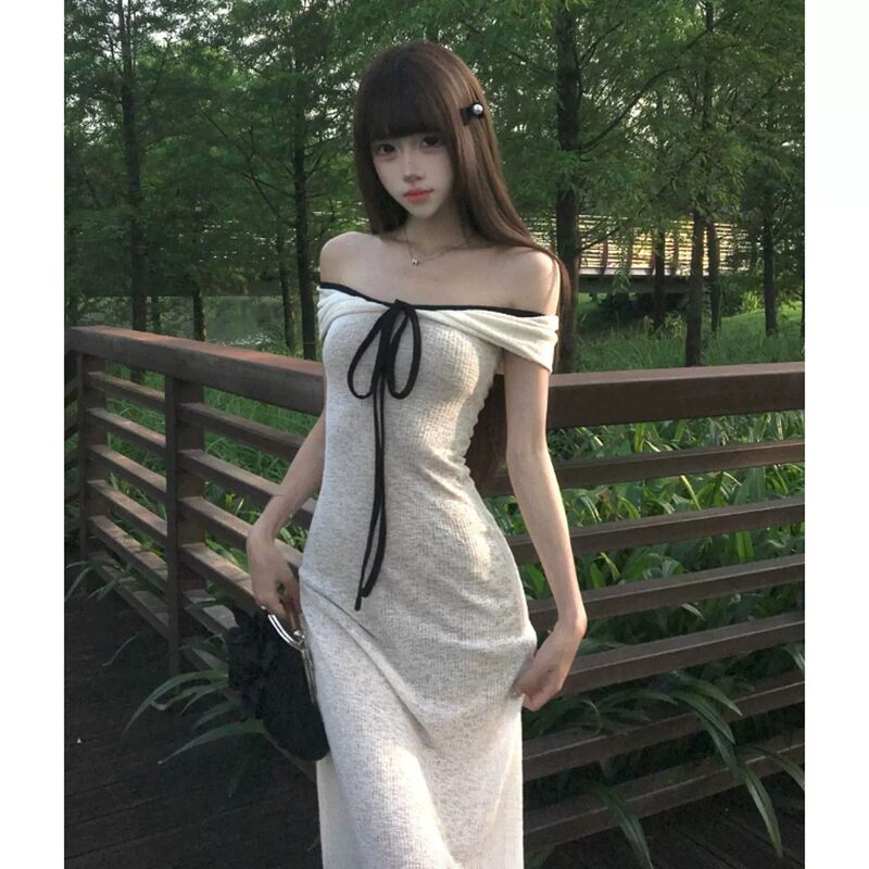 French-Style White Dress, Romantic One-Shoulder Tie-Up Tube Top Dress for Women, Summer Pure Desire Slimming Waist-Hugging Long Dress French-Style White Dress, Romantic One-Shoulder Tie-Up Tube Top Dress for Women, Summer Pure Desire Slimming Waist-Hugging Long Dress
