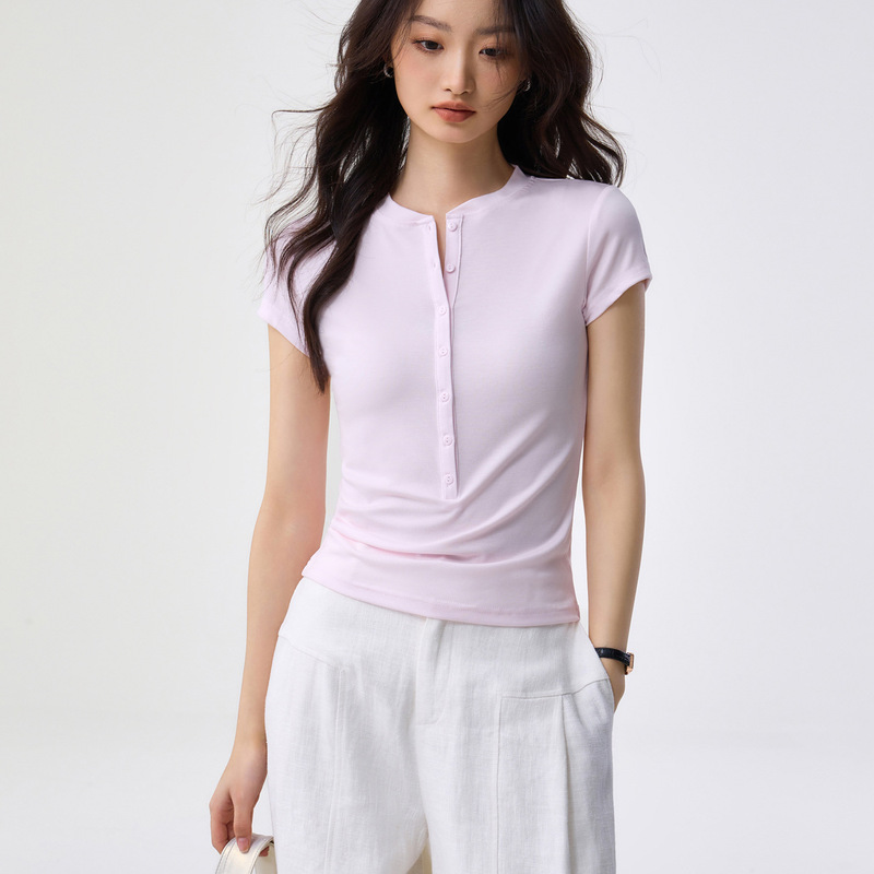 Tencel Lyocell Henley Collar Short Sleeve T-Shirt for Women, New Summer Style with Elegant Design, Button Detail, Slimming and Versatile Top Tencel Lyocell Henley Collar Short Sleeve T-Shirt for Women, New Summer Style with Elegant Design, Button Detail, Slimming and Versatile Top