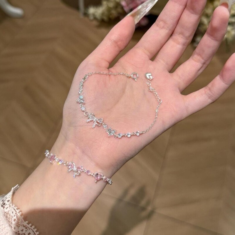 New Style Bow-Knot Love Bracelet for Women, Korean Style, Light Luxury, Niche Design, High-End Pink Zircon Heart-Shaped Jewelry, Gift for Girlfriend New Style Bow-Knot Love Bracelet for Women, Korean Style, Light Luxury, Niche Design, High-End Pink Zircon Heart-Shaped Jewelry, Gift for Girlfriend