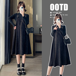 Real shot in stock autumn and winter fashion sparkling temperament maternity suspender skirt + bottoming sweater two-piece set