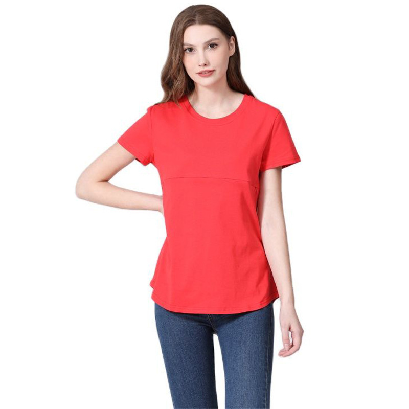 夏の辛いお母さんの妊婦の半袖のtシャツの純綿のファスナーの授乳服の家庭の底のシャツの欧米の大きいサイズは現物を提供します。|undefined