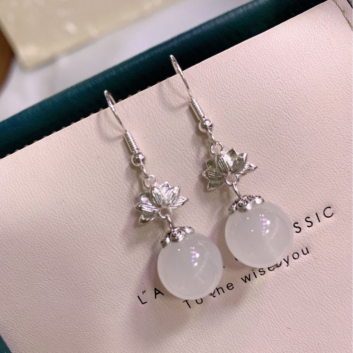 Premium White Chalcedony Round Bead Earrings Elegant Retro Style_voghion.com