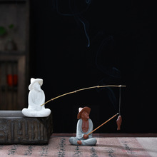 中式陶瓷姜太公钓鱼禅意人物茶盘桌面装饰品客厅假山鱼缸小摆件