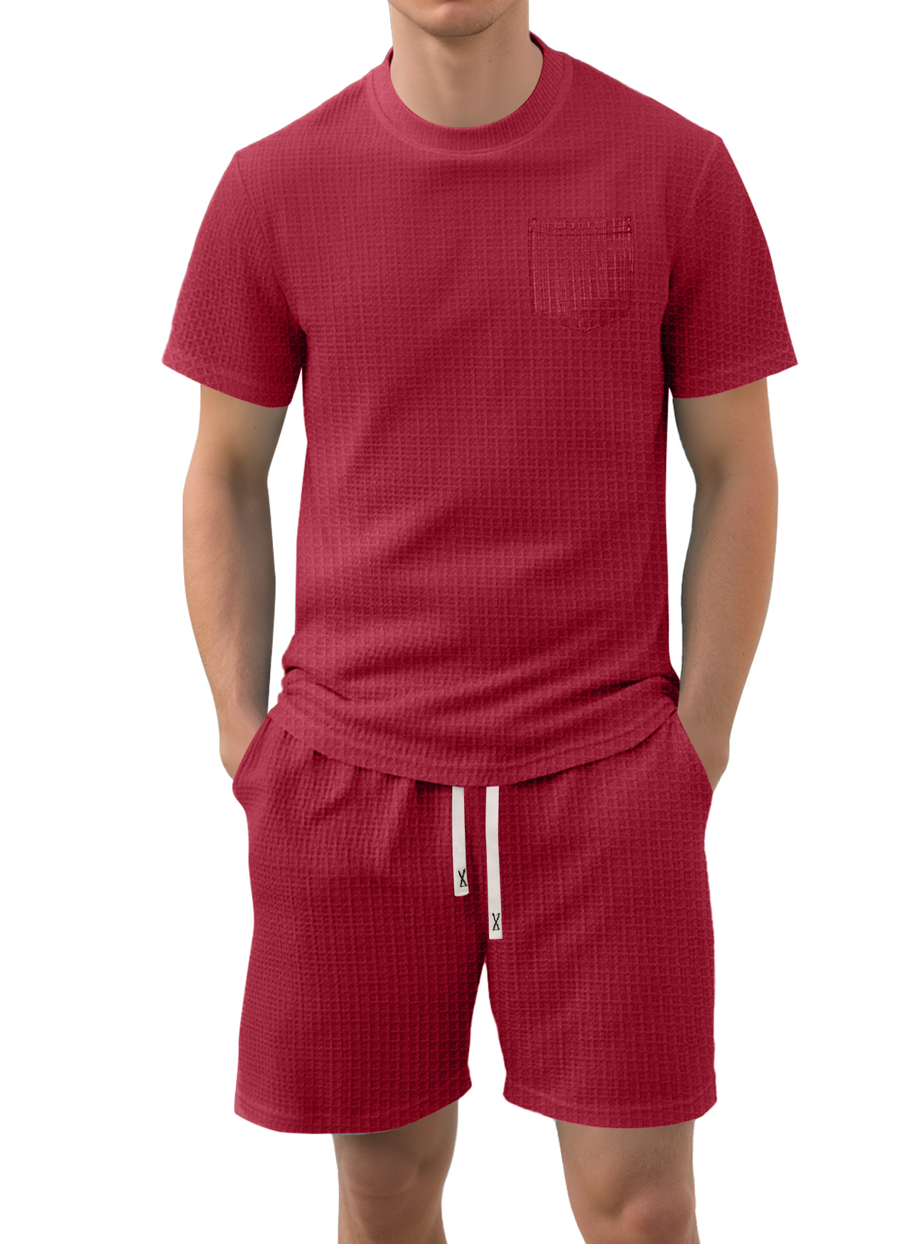 Nuevo transfronterizo Europa y América Amazon verano nuevo producto de hombre delgado waffle casual deportivo de manga corta set de pantalones cortos