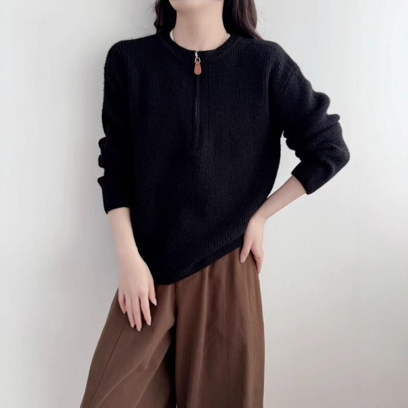 时尚秋冬新款半拉链套头毛衣女韩系设计感圆领简约宽松洋气毛衣女|undefined
