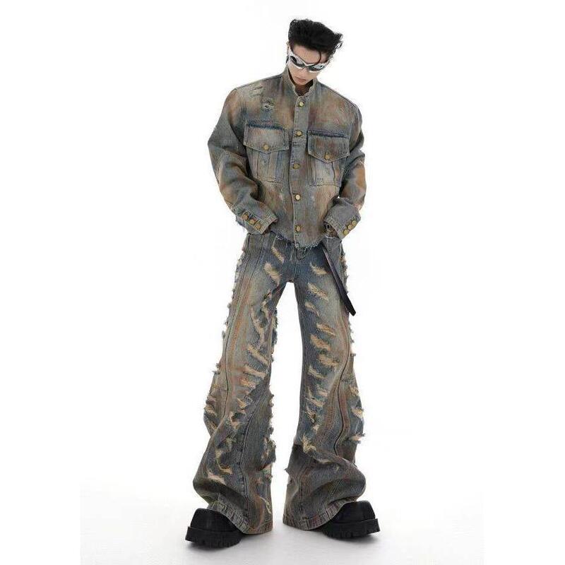 Niche retro waste soil destruction Denim coat suit heavy distressed jacket micro flared jeans men 2024
