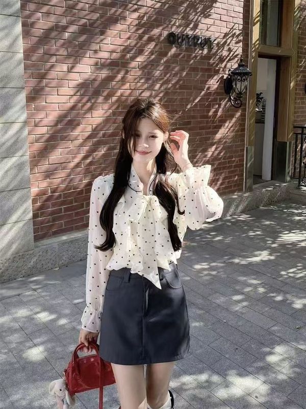 2025春夏季女士新款法式高级感荷叶边波点衬衫设计感绑带宽松上衣|undefined