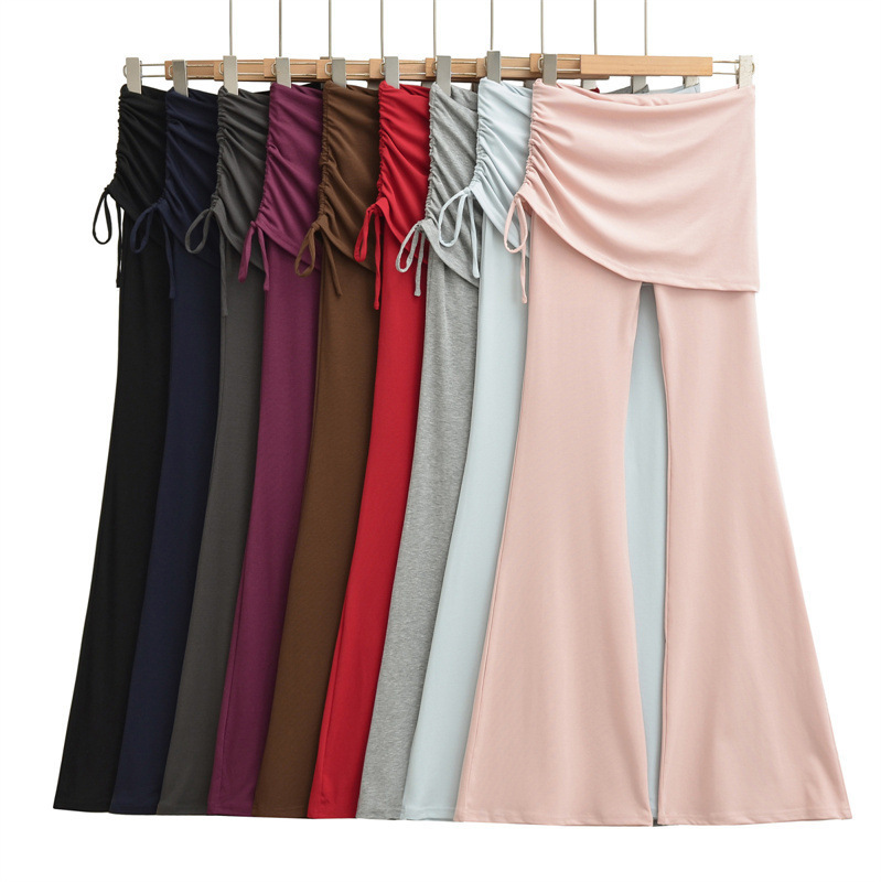 Fake Two-Piece Side Drawstring Drapey Yoga Flared Pants for Women, Retro Low-Waist Tight Elastic Floor-Length Casual Pants, Thin Fake Two-Piece Side Drawstring Drapey Yoga Flared Pants for Women, Retro Low-Waist Tight Elastic Floor-Length Casual Pants, Thin
