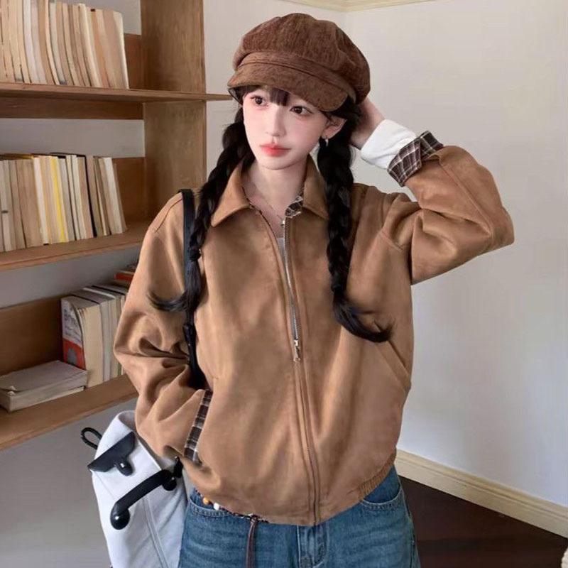 设计感格纹拼接翻领外套女2025秋季新款宽松版型短款时尚夹克上衣|undefined