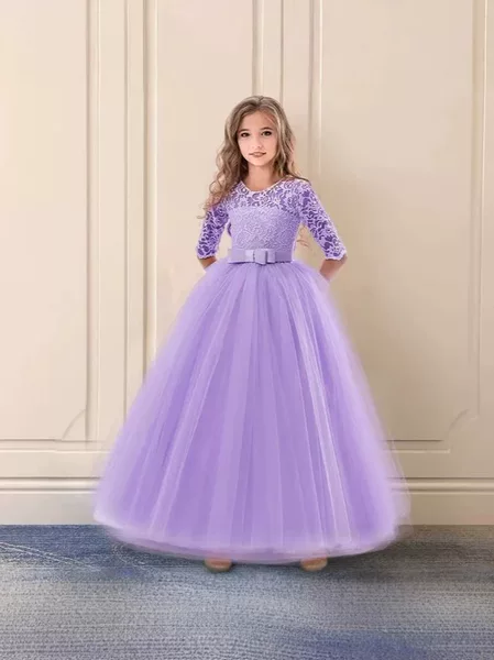 Girls' Bow Tutu Skirt Flower Girl Wedding Dress Children's Dress Girldress Princess Three-Quarter Sleeve Dress