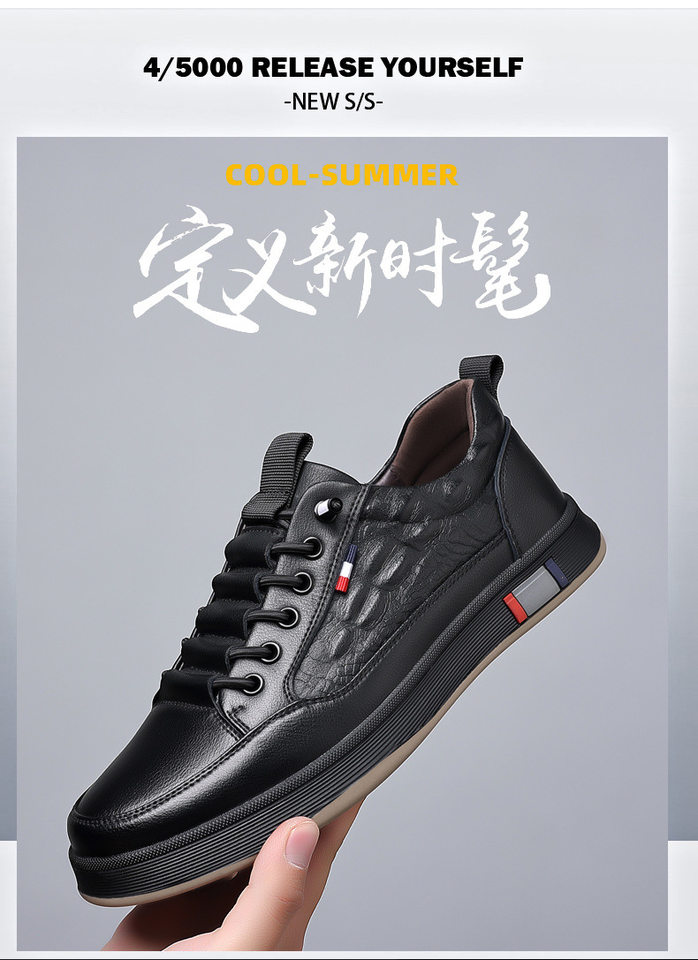 Giày sneaker nam cổ thấp da bò hai lớp, đế bằng, dây buộc phía trước — PZ2389 màu trắng, PZ2389 màu đen chi tiết 5