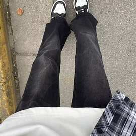 黑色渐变牛仔裤男秋冬款加绒加厚美式复古vibe裤子直筒弯刀微喇裤