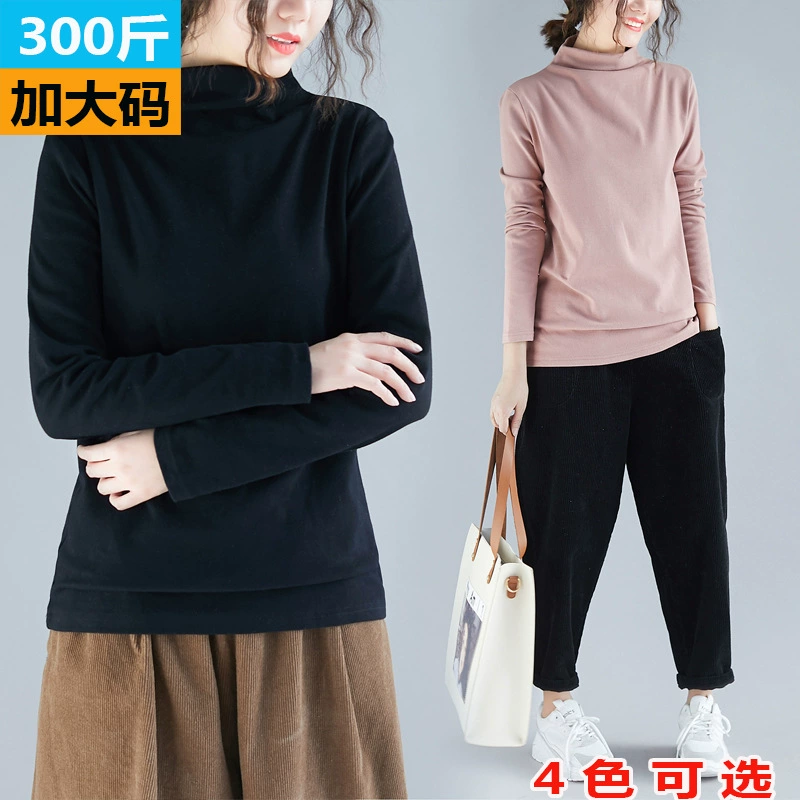 Женская одежда больших размеров на распродаже: зимняя эластичная базовая футболка с воротником-стойкой и длинным рукавом для женщин, черная и розовая.