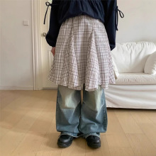韩国春夏新款ins复古休闲多片复杂拼接不规则立体裙摆格子半身裙