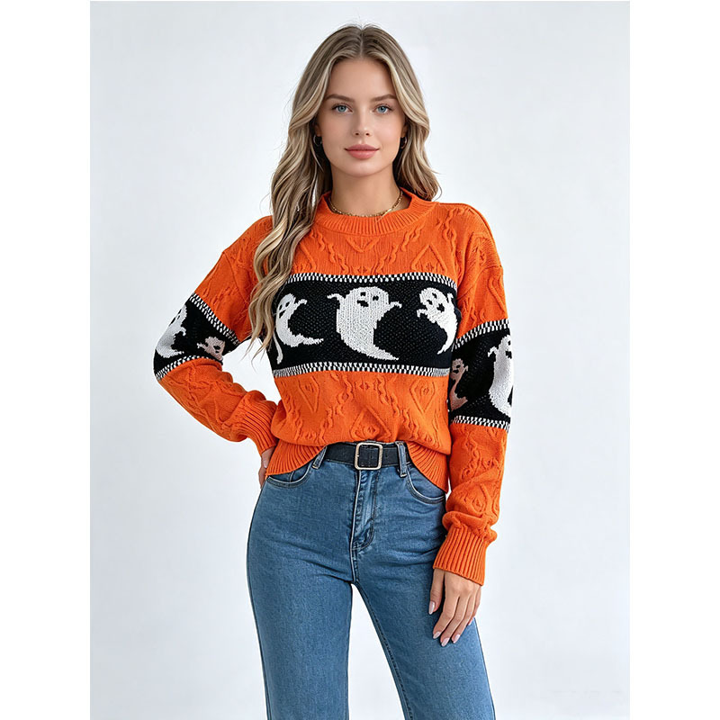 Cross-border Halloween Ghost Jacquard Cable Knit Sweater for Women, Autumn and Winter Round Neck Pullover, Wholesale from Source Factory Cross-border Halloween Ghost Jacquard Cable Knit Sweater for Women, Autumn and Winter Round Neck Pullover, Wholesale from Source Factory