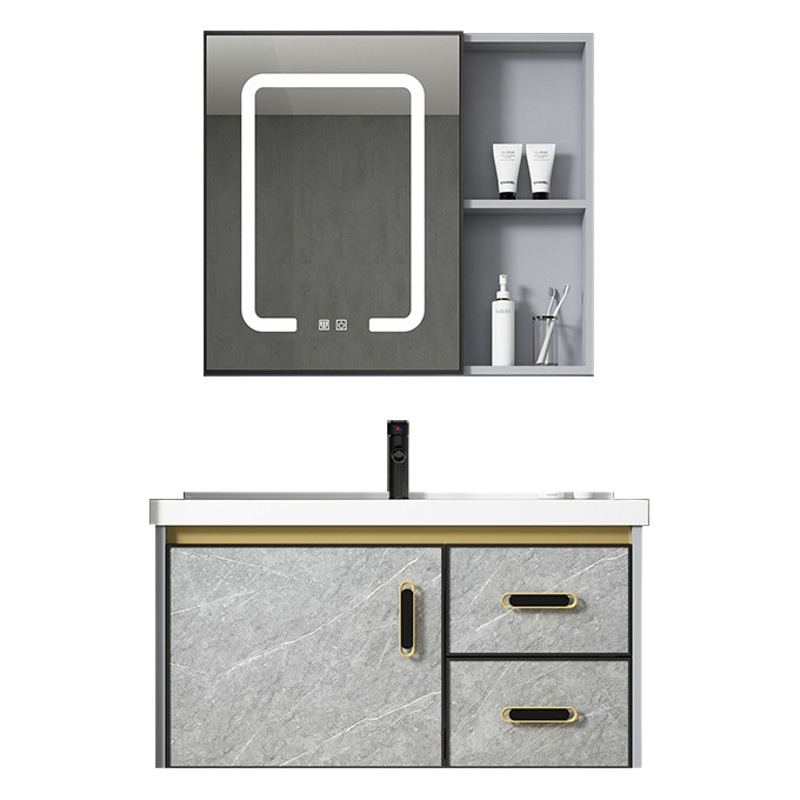 Moderno espacio de aluminio a prueba de humedad Junta simple espejo de baño gabinete combinación tablero de piedra caliza integrado de cerámica lavabo colgante gabinete