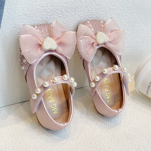 Korean Sweet Large Bow Girl's Princess Shoes with Water Stones  Autumn New Children's Small Leather Shoes Pearl Single Shoes