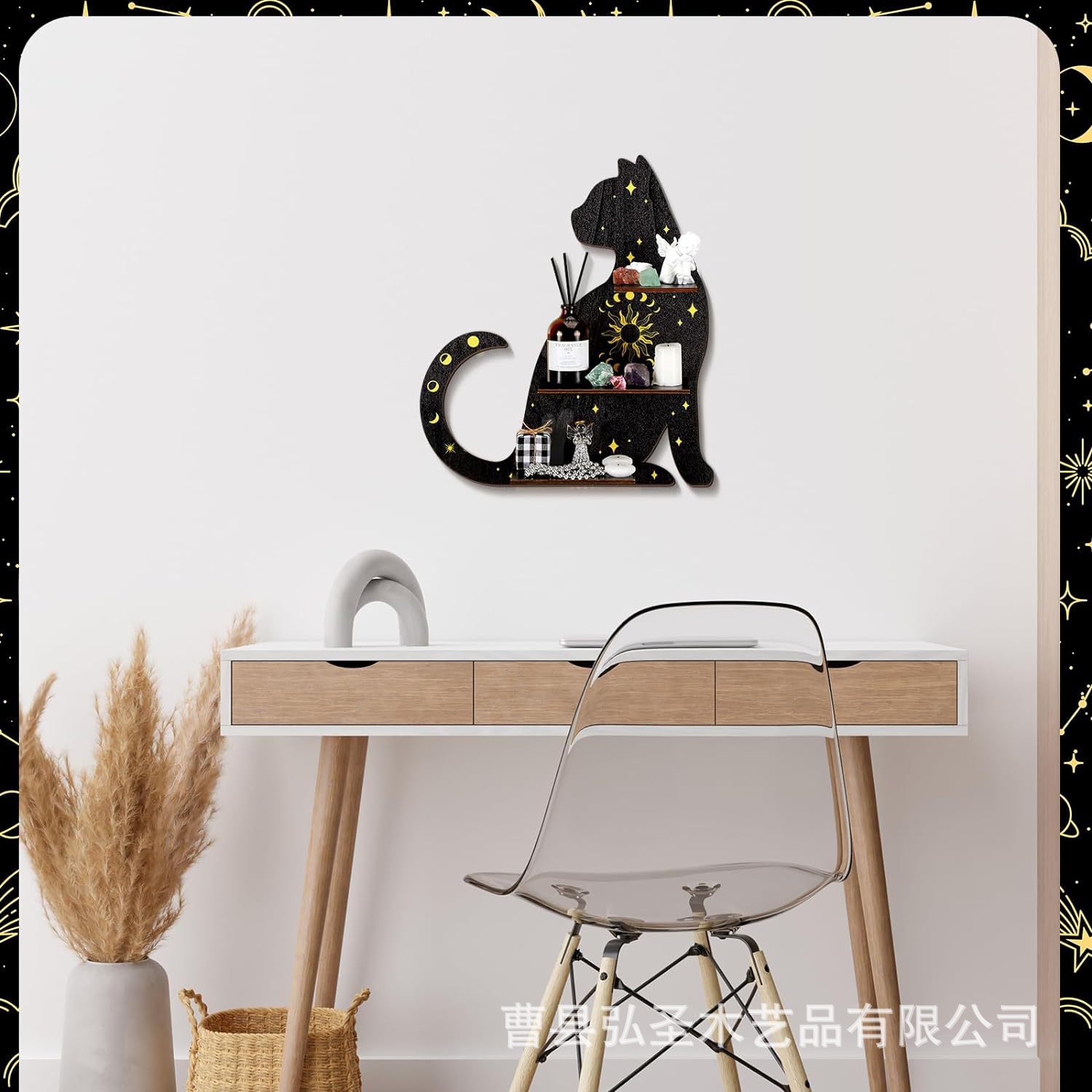 Nuevo producto Gótico Animal Cat Pared de madera Estante de almacenamiento de cristal Decoración de estante de Halloween