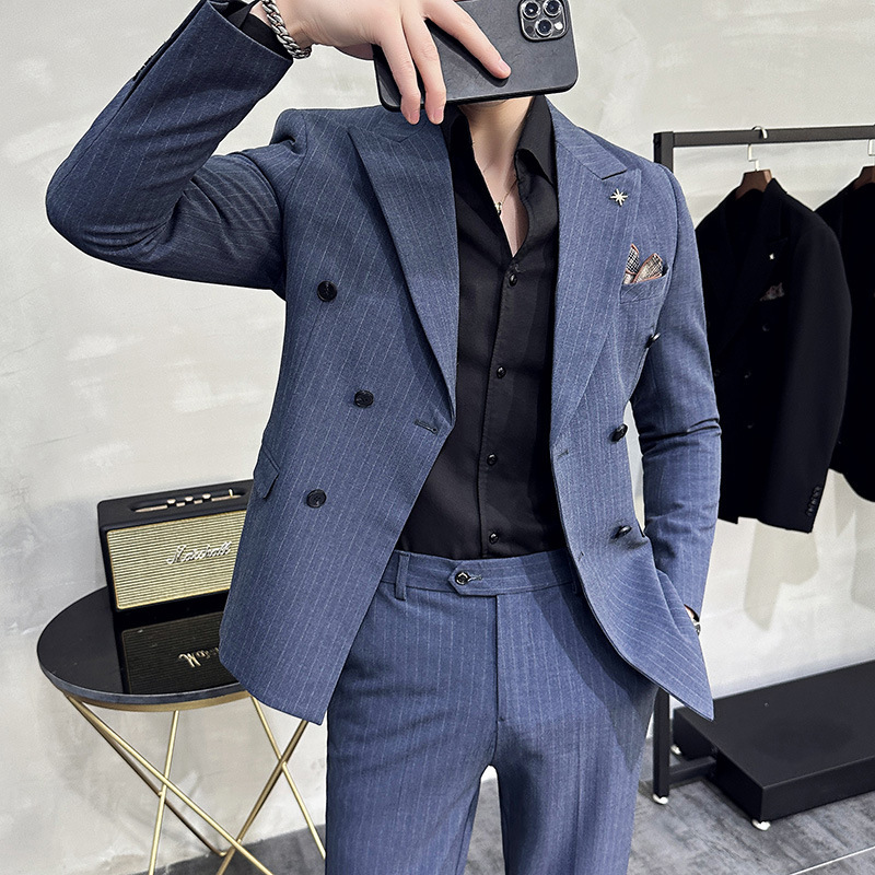 Double-Breasted Suit Men's New Spring Striped Texture Suit suit Slim-Fit Two-Piece Dress