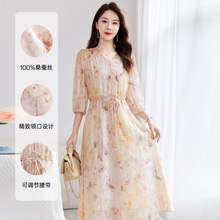 【100%桑蚕丝】夏桑蚕丝连衣裙女优雅中年妈妈裙乔其印花裙子1585
