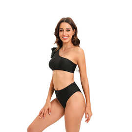 紧身2024欧美新款高腰比基尼泳衣女露背亚马逊纯色性感分体bikini