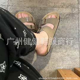 广州健健鞋服夏季勃肯双扣凉鞋软底男女款百搭复古一字沙滩凉鞋