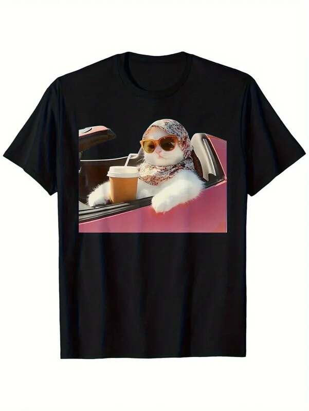 Cool Cat Drinking Coffee in Car Funny Summer Print T-Shirt Women Fashion Summer O-Neck Short Sleeve Casual Tops