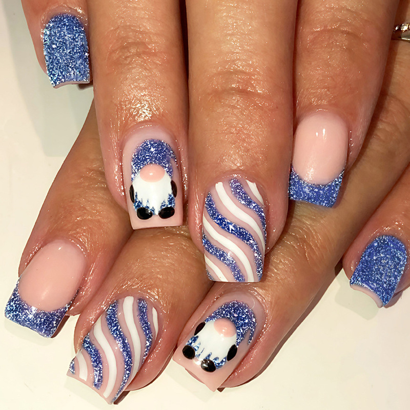 Christmas Manicure Press-On Fake Nails Santa Claus Blue Glitter French Stripesd Short Wearable Nails Christmas Manicure Press-On Fake Nails Santa Claus Blue Glitter French Stripesd Short Wearable Nails