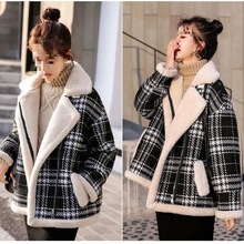 加绒外套女秋冬棉服一体绒格子毛呢大衣新款韩版宽松学生上衣