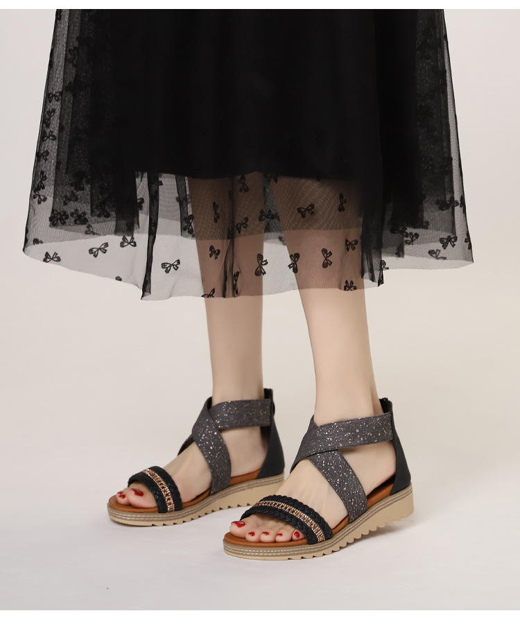 Rhinestone Woven Wedge For Women Summer New Bohemian Open-Toe Platform Roman Sandals_vogvips.com