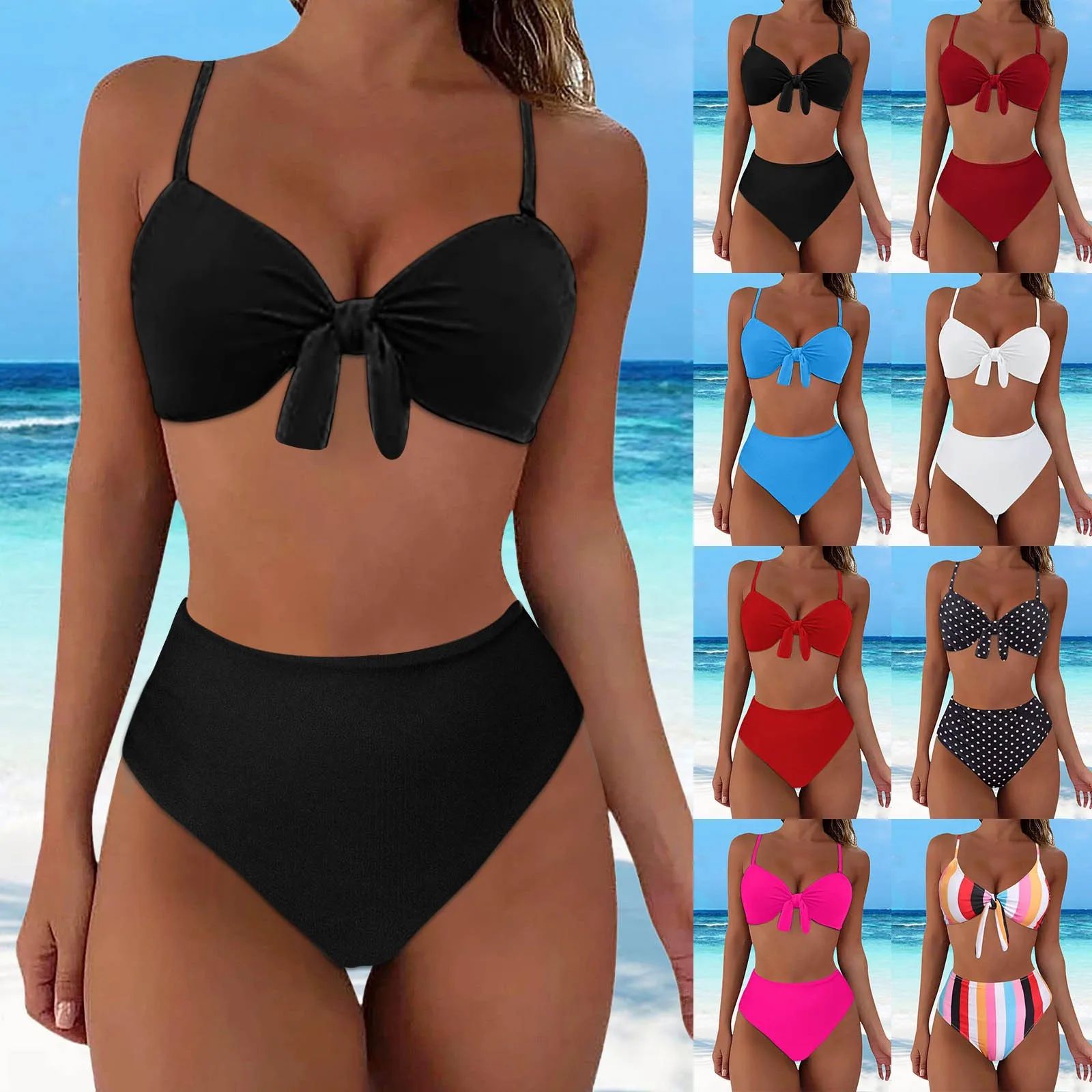 2024 Amazon and Aliexpress Exclusively Offer European and American Women's High-Waisted Split Swimsuits with Bowknot Bikinis That Are Hot-Selling Across Borders