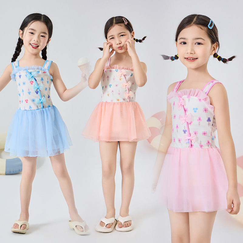 Fresh Mesh Bow Girls' Swimming Children's Cute Quick-drying Swimsuit Summer Travel Puffy Princess Dress