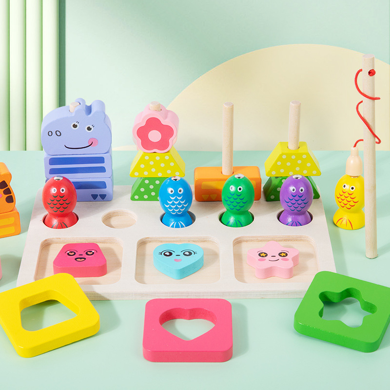Traje tres en uno de pesca magnética de madera para niños, juego de rompecabezas de educación temprana para bebés de 1-2-3 años, combinación de forma de columna