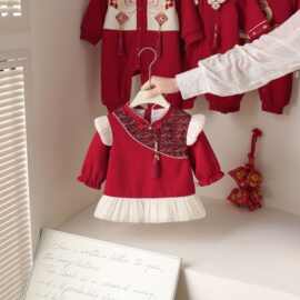 儿童汉服旗袍女宝宝中国唐装喜庆国风拜年服周岁婴幼儿红色礼服春