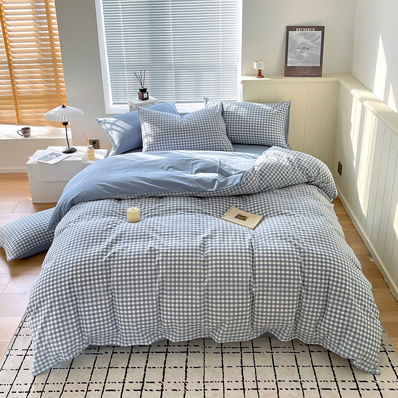 Juego de tres piezas de algodón lavado teñido en hilo, dormitorio de estudiantes universitarios, juego de literas, sábana, sábana, sábana, juego de cuatro piezas