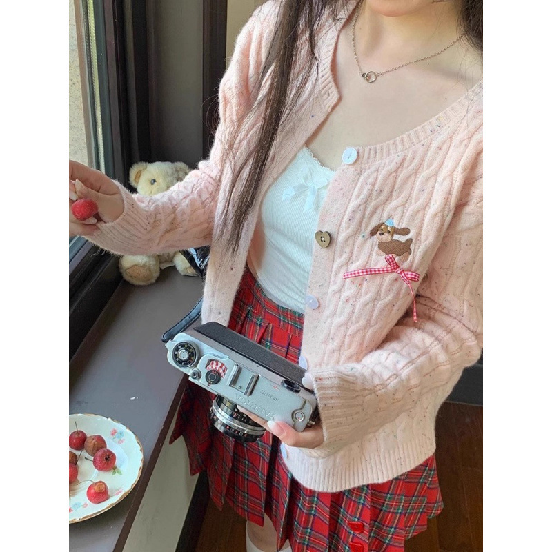 Early Autumn Korean Preppy Style New Sweet and Cute Pink Sweater Twist Knitted Cardigan Women's Embroidered Top Jacket