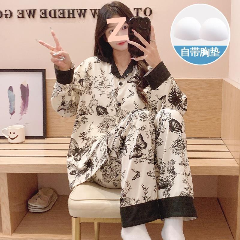 春と秋の女性用パジャマ、胸パッド付き長袖ズボン、膨らみ防止スーツ、冬と夏の女性のかわいい漫画のホーム服|undefined