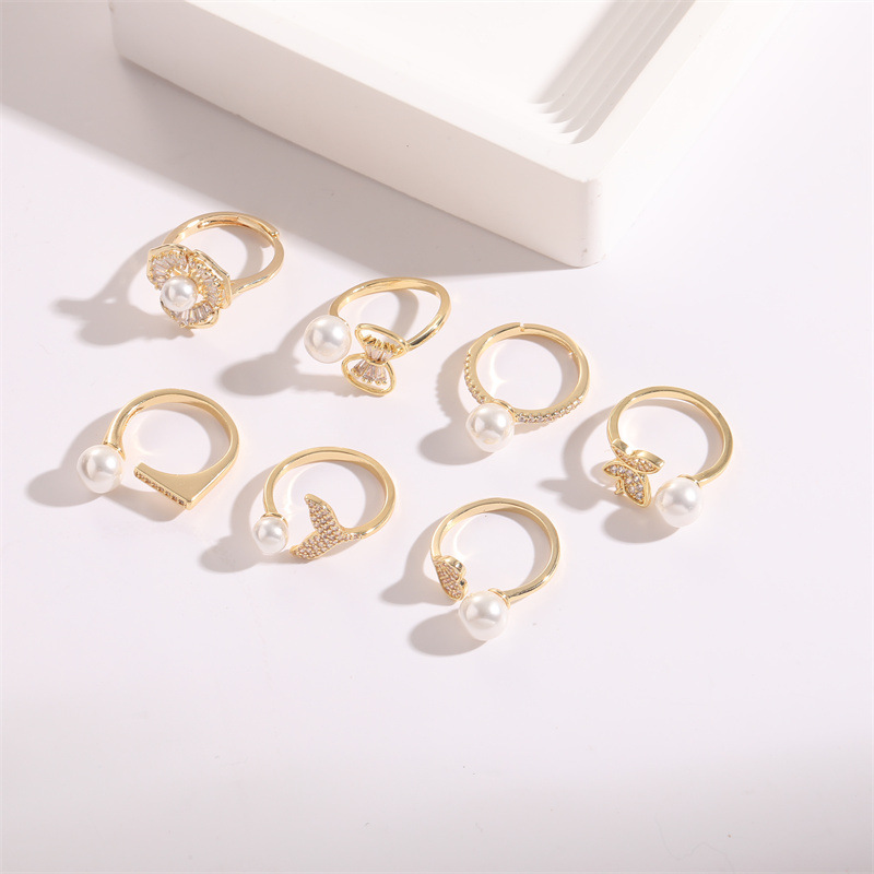 Fashion Flower Butterfly Bow Knot Copper Plating Inlay Pearl Zircon Open Ring 1 Piece