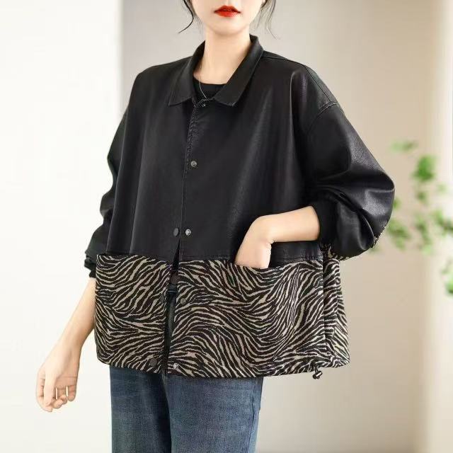 2025 Spring Leather Coat Women's Stitching Leopard Long Sleeve Cardigan Coat Loose Casual Korean Style Top Fashion