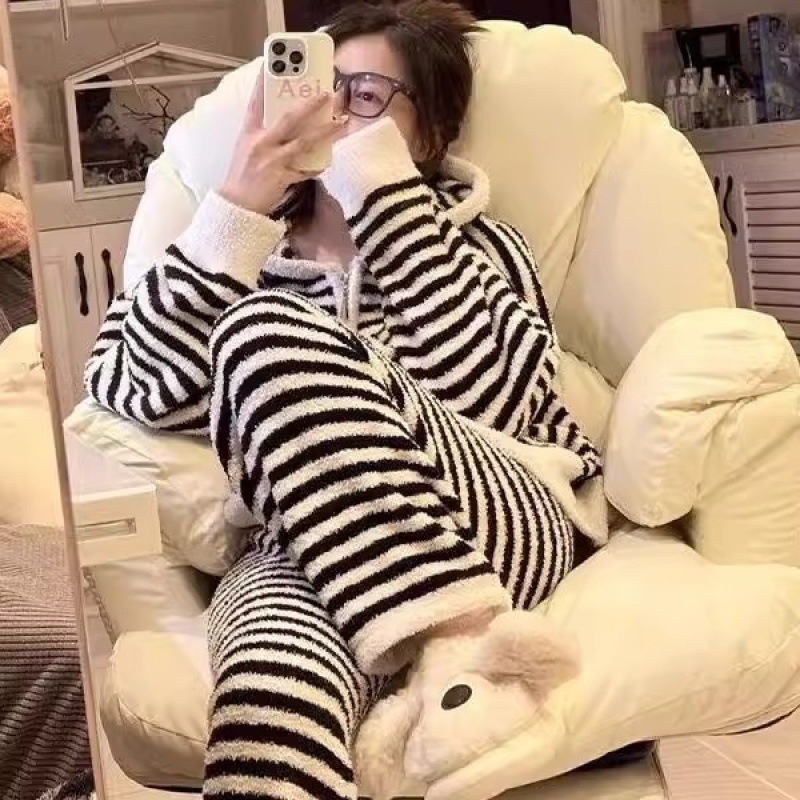 条纹连帽睡衣女冬季2025新款加绒加厚珊瑚绒情侣款居家服拉链套装