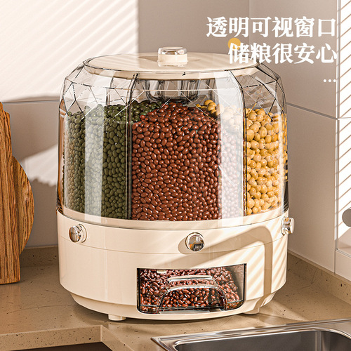 Food-grade anti-dust and moisture-sealed rotating storage bin for rice, grains, and mixed seeds, suitable for household use as a rice storage box or jar
