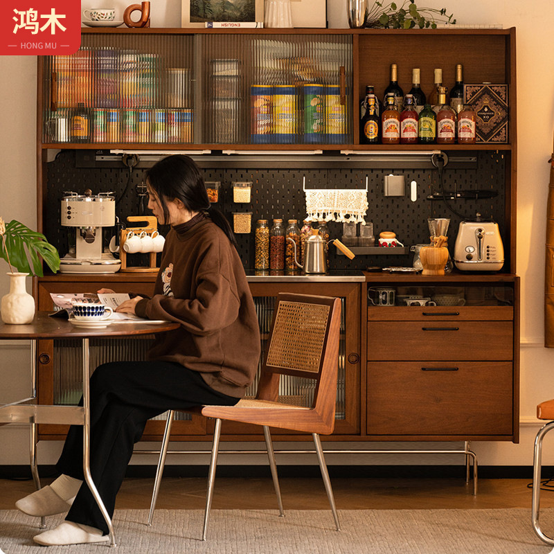 Free Shipping Solid Wood Vintage Tea Cabinet, Mid-Century Sideboard, Tall Cabinet, Integrated Upper and Lower Cabinet Combination, Nordic Home Storage Cabinet