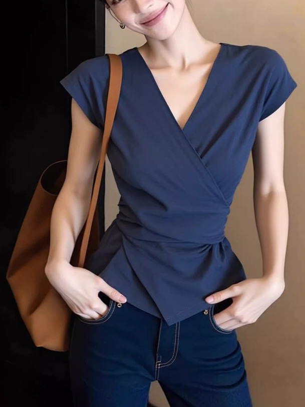 Áo sơ mi ngắn tay cổ chữ V kiểu Pháp thiết kế thắt lưng mới cho nữ — màu xanh đậm