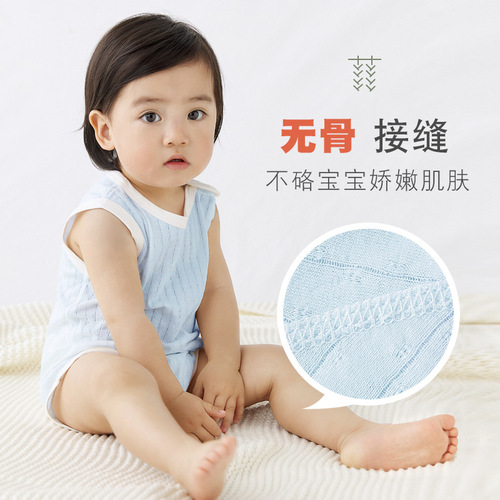 Summer thin infant jumpsuit, sleeveless coverall, baby jacquard closed triangle crawl suit, newborn belly protector