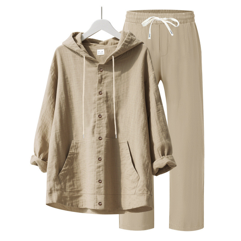 Europa y América transfronterizas primavera nueva lino relajado americano casual simple hombre encapuchado camisa de mangas largas pantalones largos