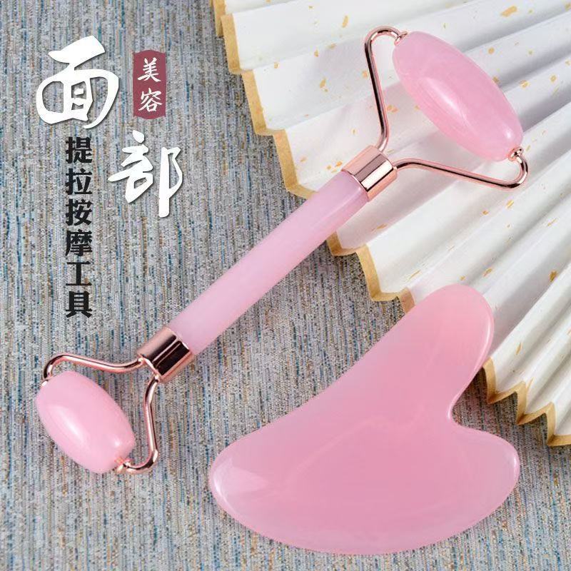 Heart-shaped Gua Sha Board And Pink Crystal Roller Massager Set For...