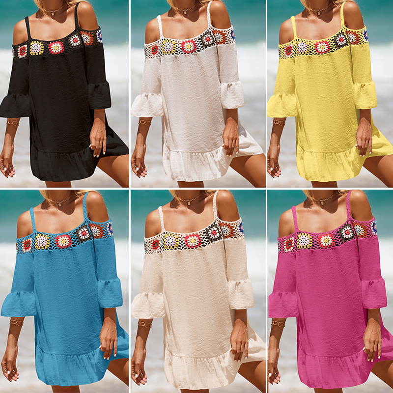 Cross-border Holiday Strap Sunscreen Suit Hook Lace Shoulder Top Casual Short Solid Color Sunscreen Beach Dress