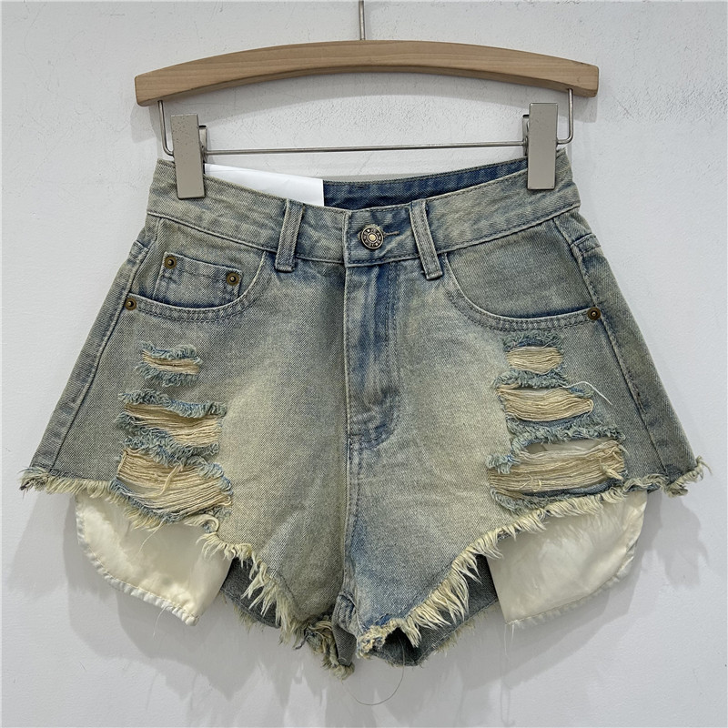 Pantalones Cortos de Mezclilla con Agujeros Rotos y Borde Deshilachado para Verano