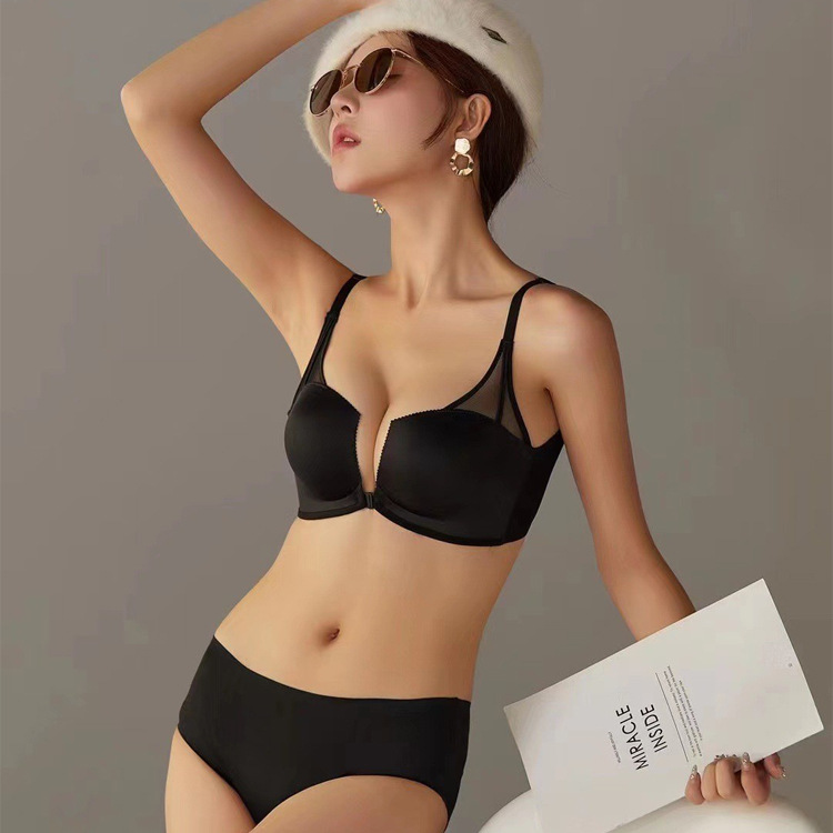 Sexy semi-transparente malla brillante frente hebilla ropa interior cómoda de las mujeres inalámbrico pequeño pecho empuja hacia arriba la belleza hacia atrás sujetador traje 2212